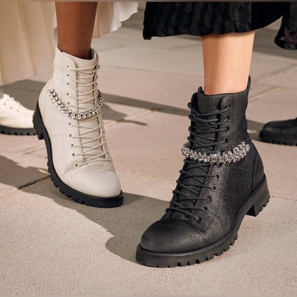 Worn Once Jimmy Choo Calf Skin Crystal Embellished Cruz Combat Boots White Sz 37 - Picture 2 of 12